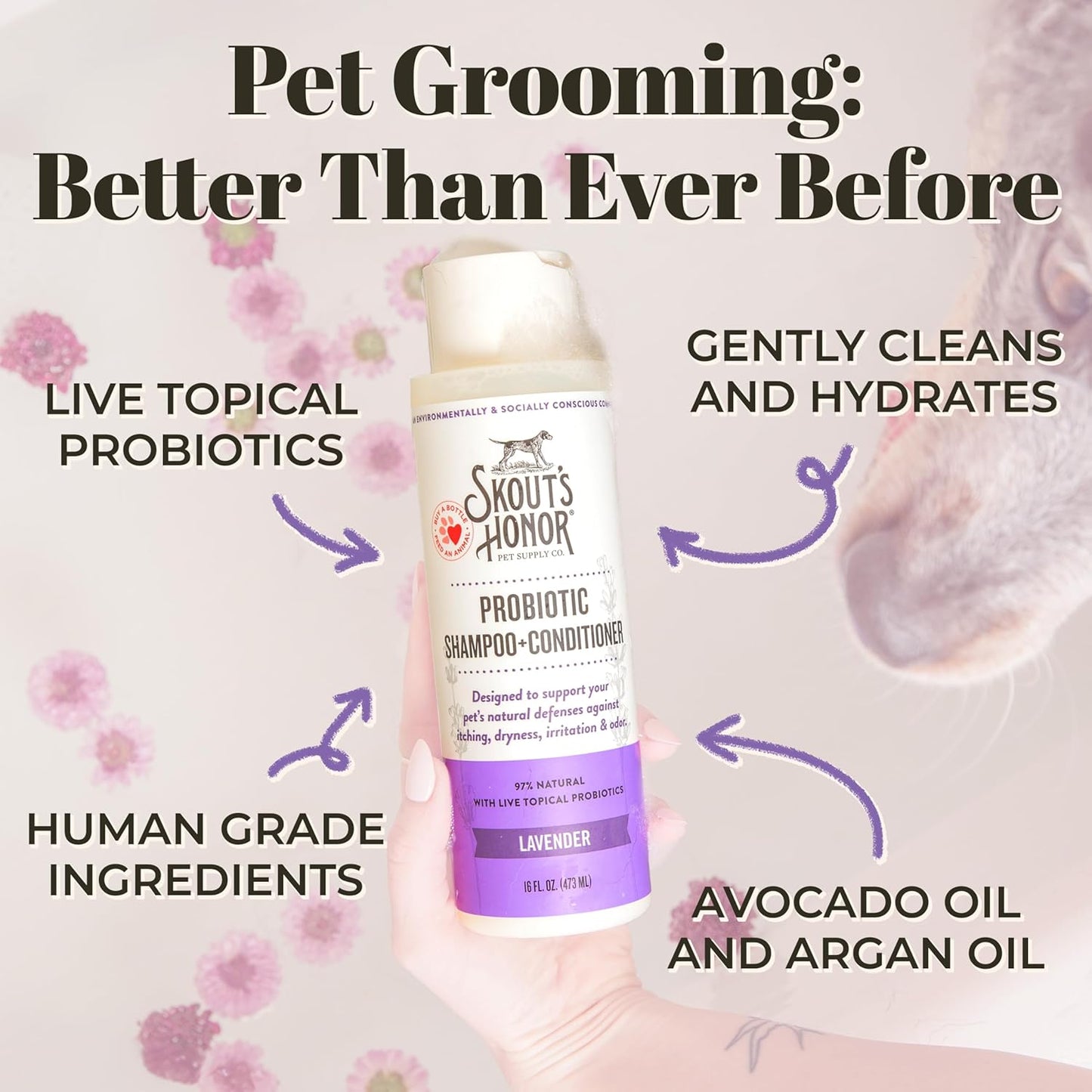 Probiotic Pet Shampoo & Conditioner with Avocado Oil & Omega-3S, 97% Natural, Paraben & Sulfate-Free, Cruelty-Free, 16Oz, Lavender