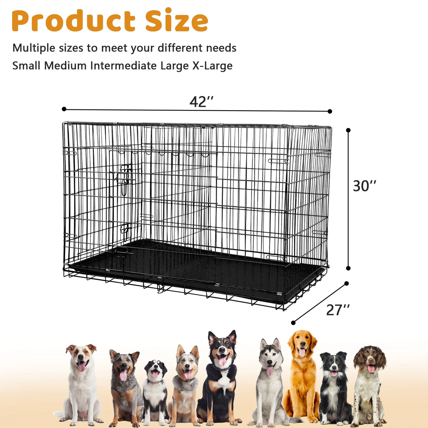 42 Inch Dog Crate, Dog Crates and Kennels Foldable Large Dog Crate for Large Dogs with Handle Double-Door Outdoor Metal Wire Dog Cage with Plastic Tray for Medium Dogs, Pink