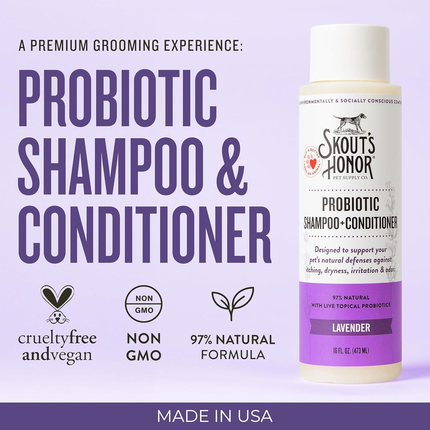 Probiotic Pet Shampoo & Conditioner with Avocado Oil & Omega-3S, 97% Natural, Paraben & Sulfate-Free, Cruelty-Free, 16Oz, Lavender