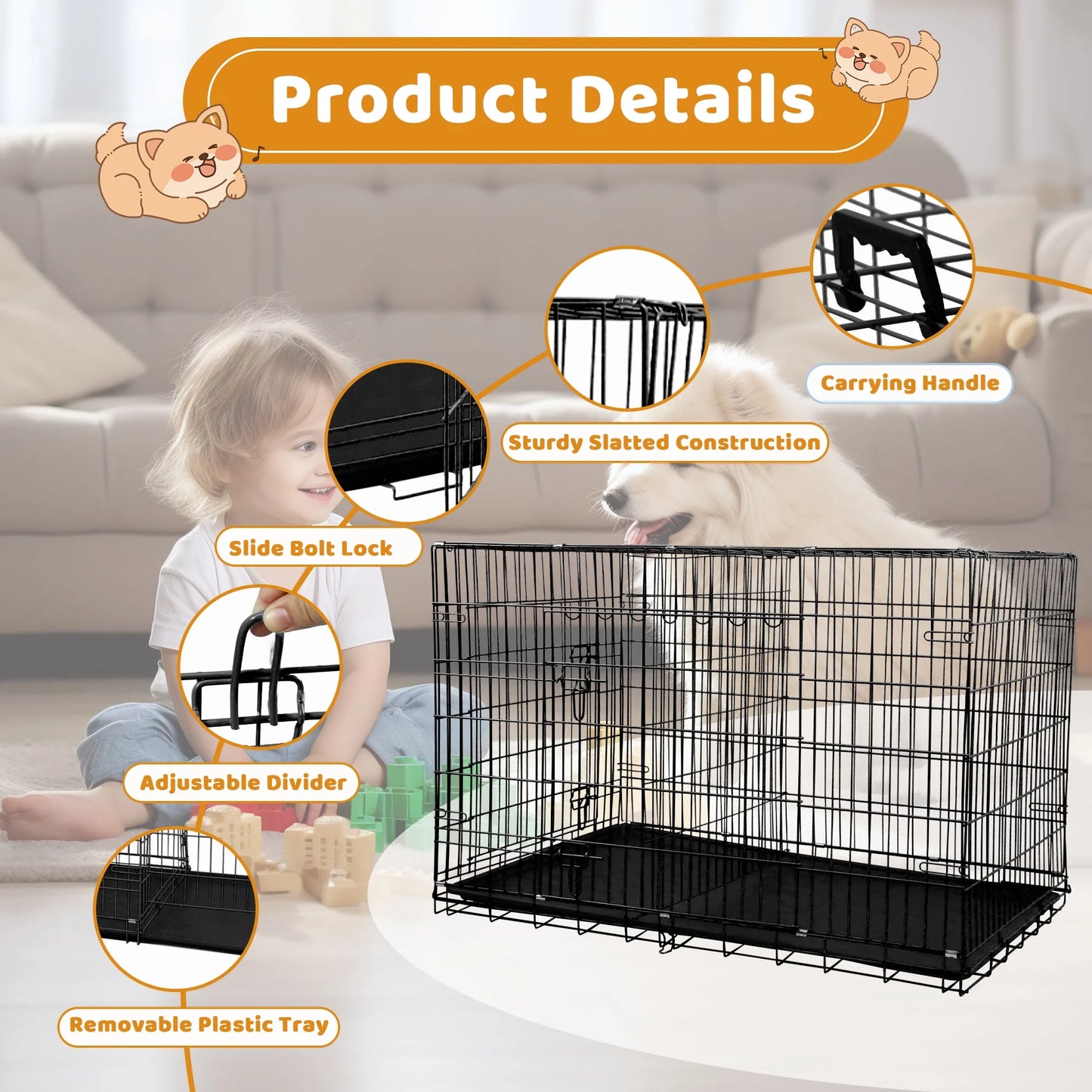 42 Inch Dog Crate, Dog Crates and Kennels Foldable Large Dog Crate for Large Dogs with Handle Double-Door Outdoor Metal Wire Dog Cage with Plastic Tray for Medium Dogs, Pink