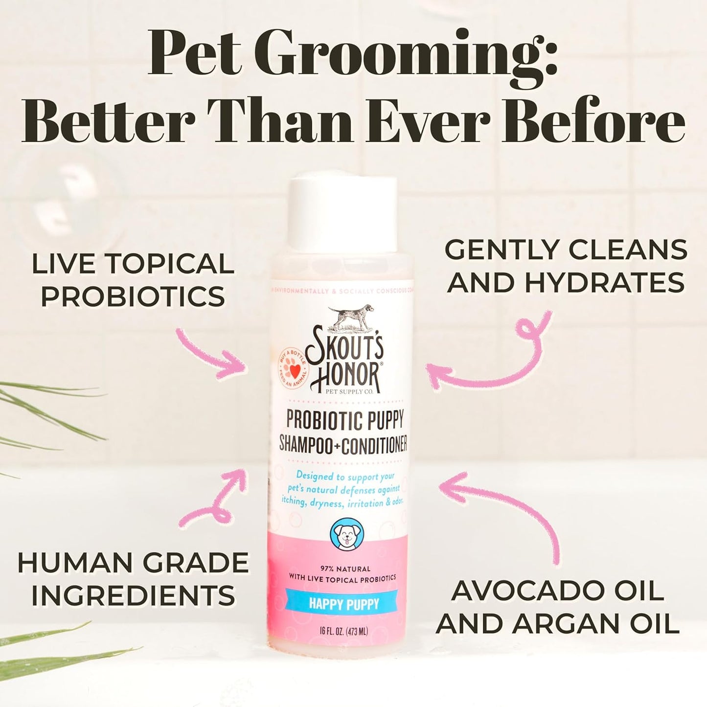 Probiotic Pet Shampoo & Conditioner with Avocado Oil & Omega-3S, 97% Natural, Paraben & Sulfate-Free, Cruelty-Free, 16Oz, Happy Puppy