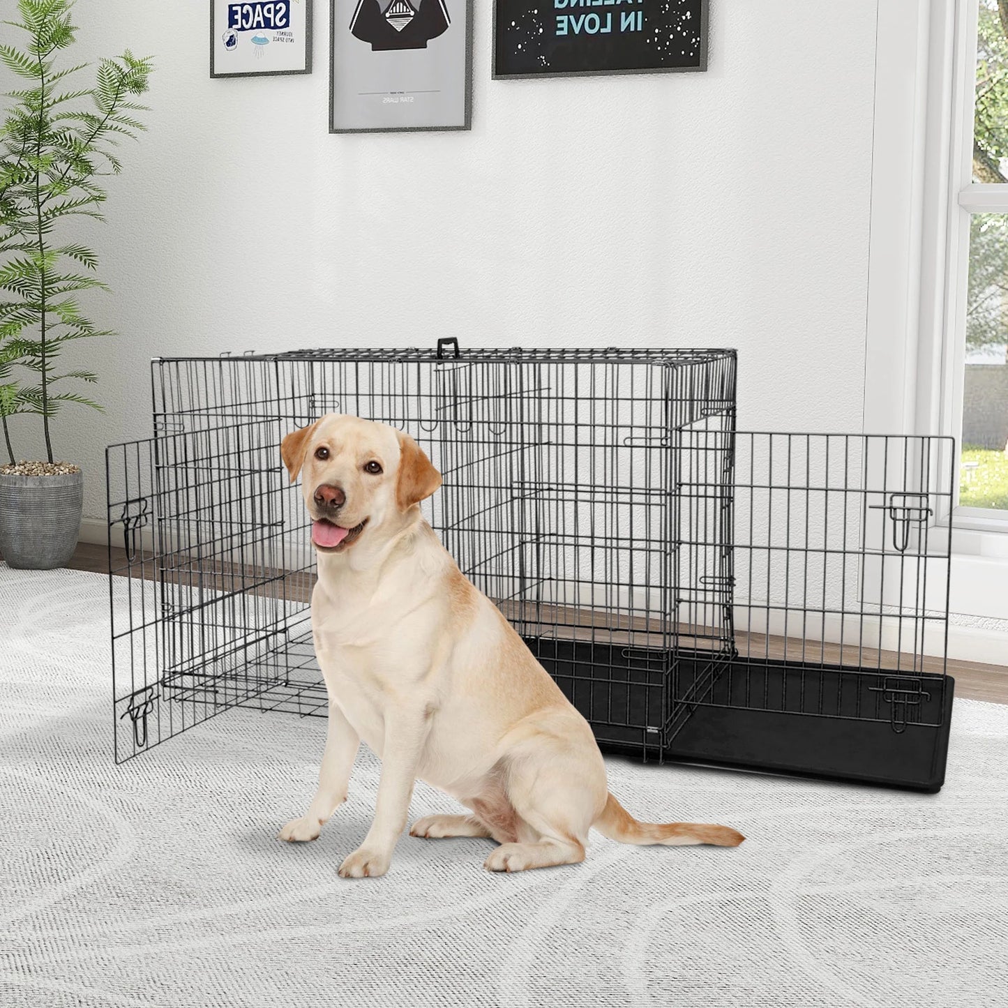 42 Inch Dog Crate, Dog Crates and Kennels Foldable Large Dog Crate for Large Dogs with Handle Double-Door Outdoor Metal Wire Dog Cage with Plastic Tray for Medium Dogs, Pink