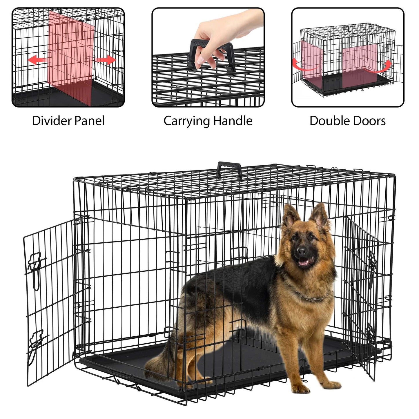 42 Inch Dog Crate, Dog Crates and Kennels Foldable Large Dog Crate for Large Dogs with Handle Double-Door Outdoor Metal Wire Dog Cage with Plastic Tray for Medium Dogs, Pink
