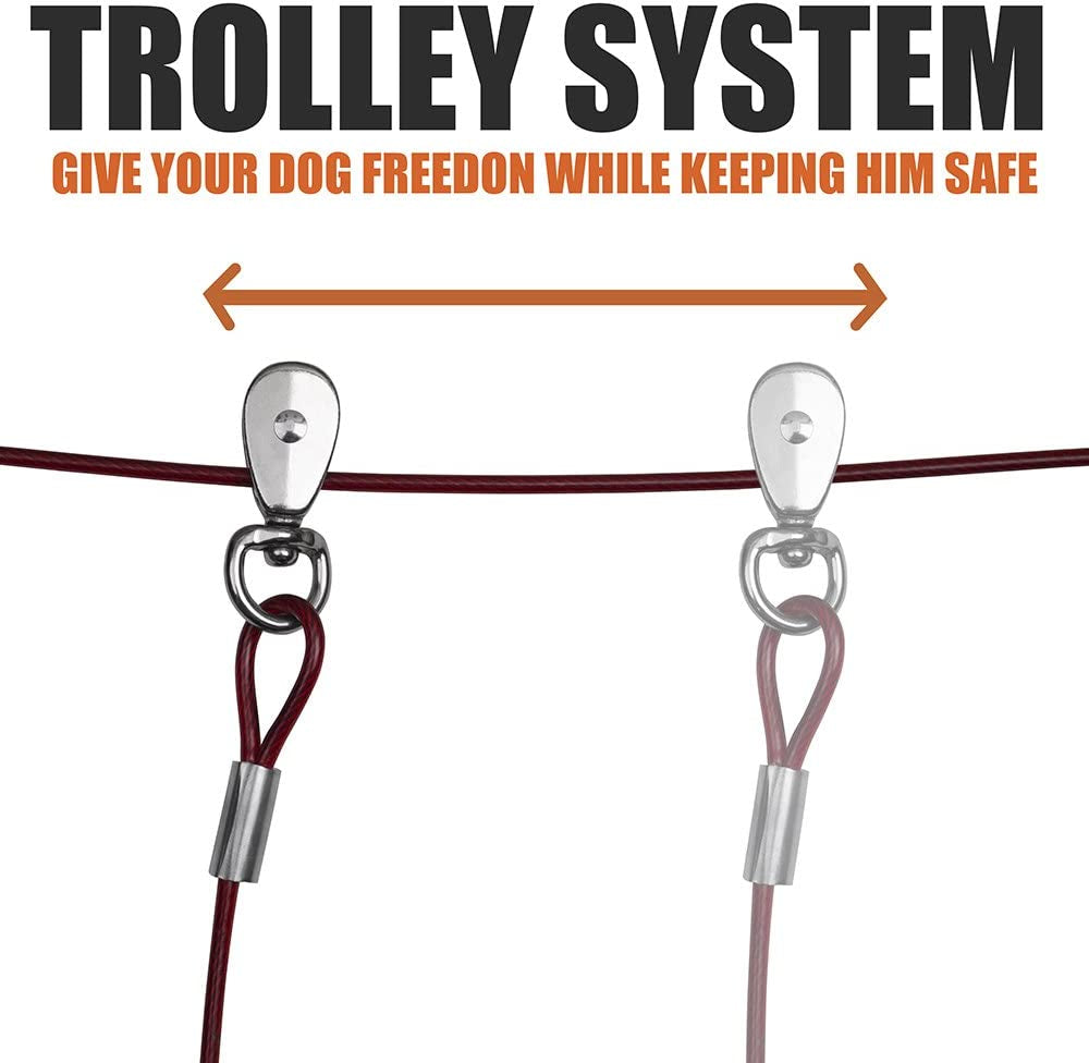 Dog Tie Out Cable 60 Feet - Heavy Duty Dog Lead up to 125 Pounds with Trolley System - Reflective, Rust-Free, Quick Release Swivel Clips & Shock Spring, Tangle-Free Dogs Runner for Yard(Red Single)