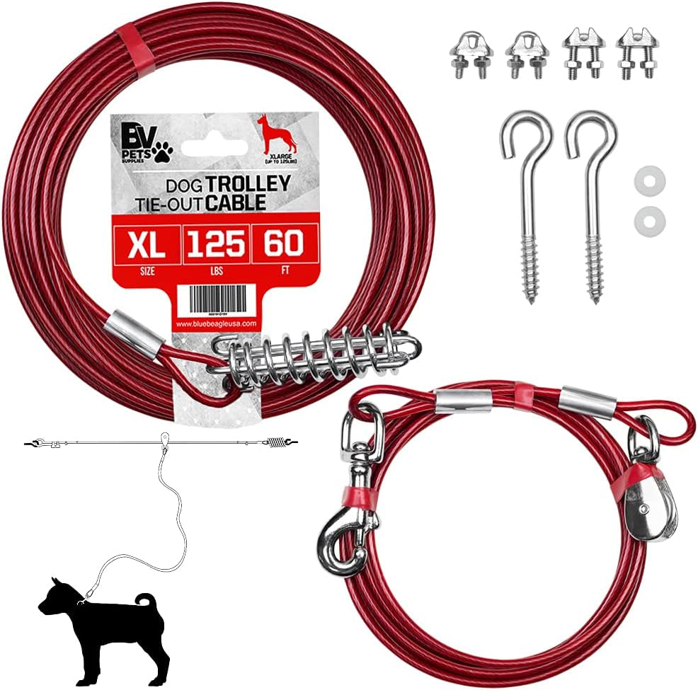 Dog Tie Out Cable 60 Feet - Heavy Duty Dog Lead up to 125 Pounds with Trolley System - Reflective, Rust-Free, Quick Release Swivel Clips & Shock Spring, Tangle-Free Dogs Runner for Yard(Red Single)