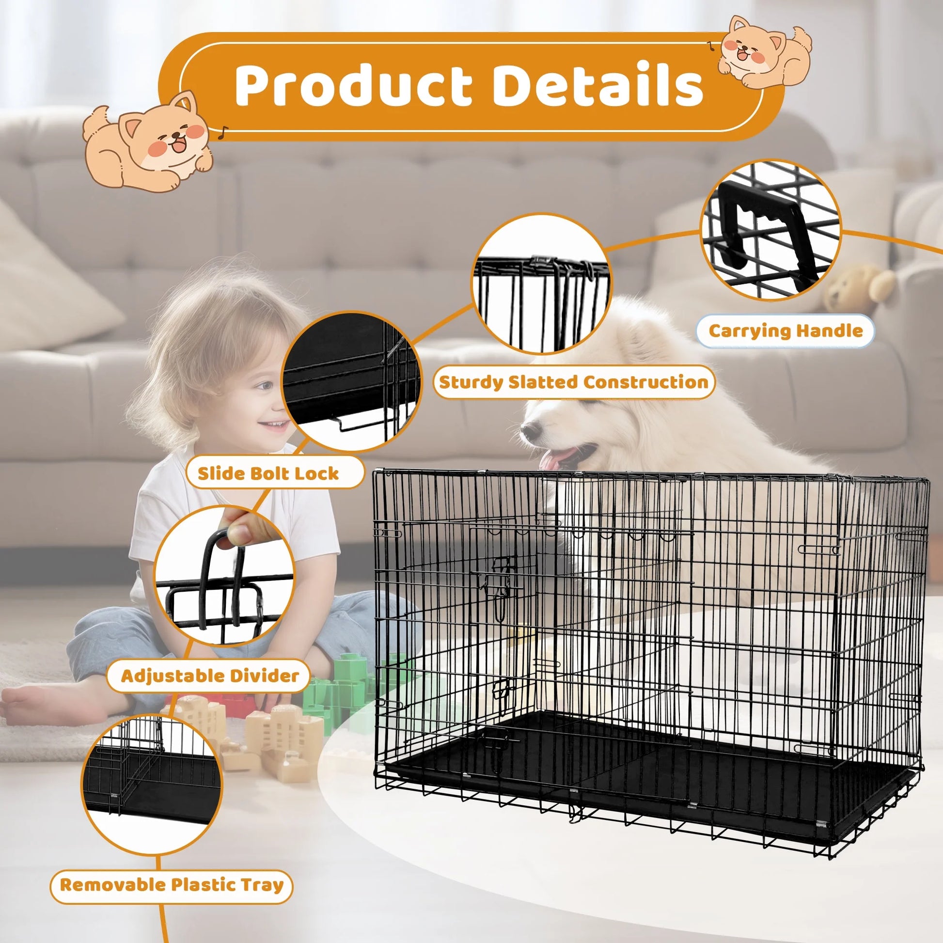 42 Inch Dog Crate, Dog Crates and Kennels Foldable Large Dog Crate for Large Dogs with Handle Double-Door Outdoor Metal Wire Dog Cage with Plastic Tray for Medium Dogs, Pink