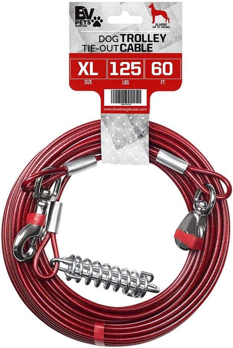 Dog Tie Out Cable 60 Feet - Heavy Duty Dog Lead up to 125 Pounds with Trolley System - Reflective, Rust-Free, Quick Release Swivel Clips & Shock Spring, Tangle-Free Dogs Runner for Yard(Red Single)