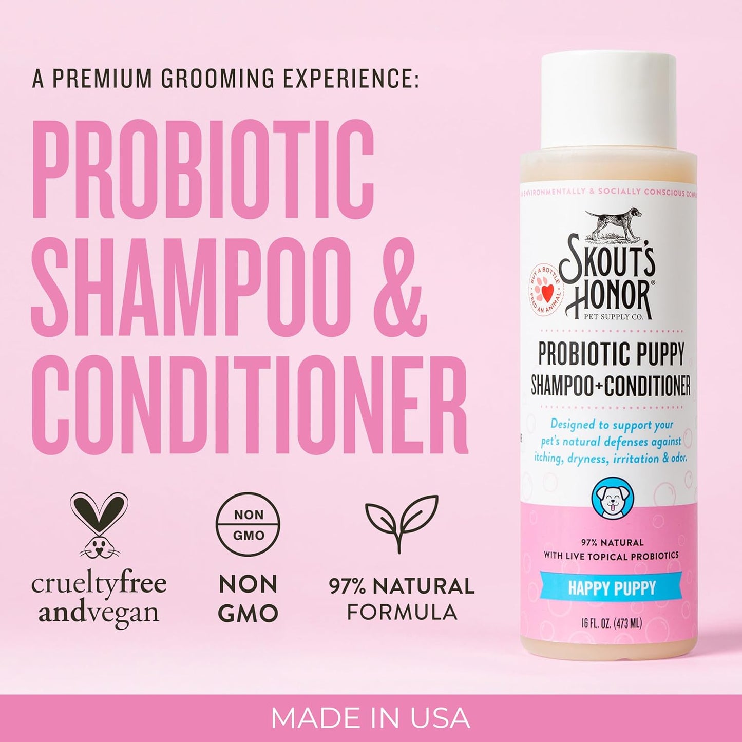 Probiotic Pet Shampoo & Conditioner with Avocado Oil & Omega-3S, 97% Natural, Paraben & Sulfate-Free, Cruelty-Free, 16Oz, Happy Puppy