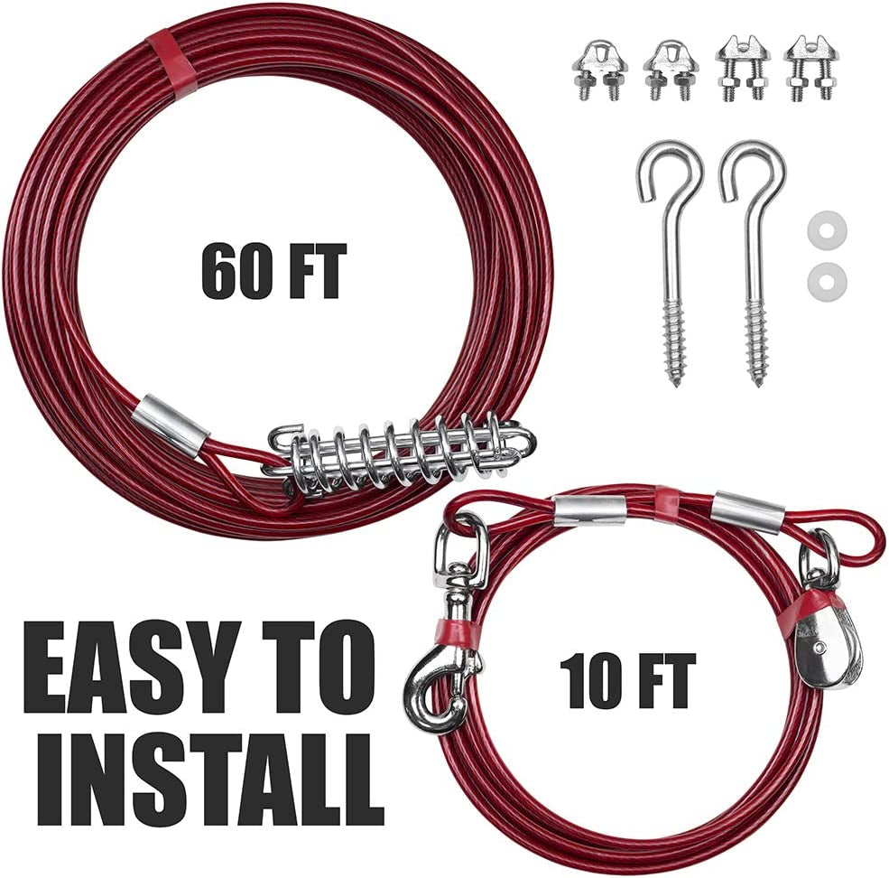 Dog Tie Out Cable 60 Feet - Heavy Duty Dog Lead up to 125 Pounds with Trolley System - Reflective, Rust-Free, Quick Release Swivel Clips & Shock Spring, Tangle-Free Dogs Runner for Yard(Red Single)