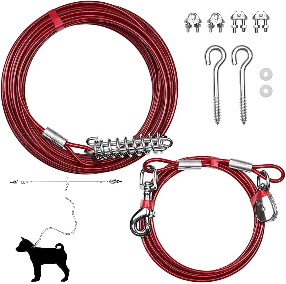 Dog Tie Out Cable 60 Feet - Heavy Duty Dog Lead up to 125 Pounds with Trolley System - Reflective, Rust-Free, Quick Release Swivel Clips & Shock Spring, Tangle-Free Dogs Runner for Yard(Red Single)