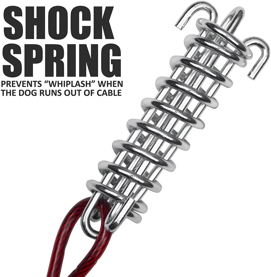 Dog Tie Out Cable 60 Feet - Heavy Duty Dog Lead up to 125 Pounds with Trolley System - Reflective, Rust-Free, Quick Release Swivel Clips & Shock Spring, Tangle-Free Dogs Runner for Yard(Red Single)